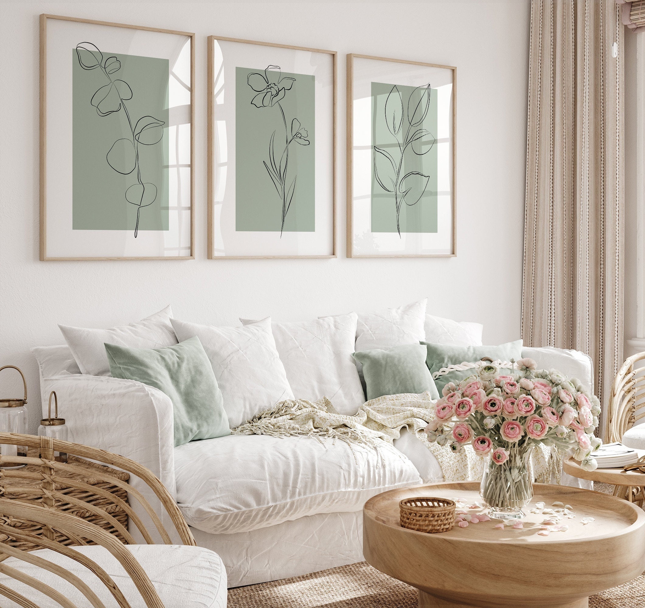 Sage Green Wall Art Prints, Botanical Line Art, Set of 3 Prints ...