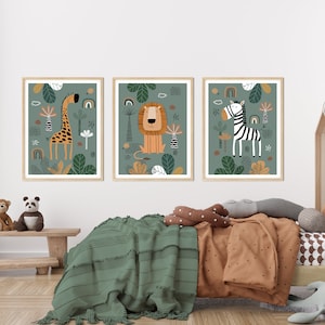 Safari Nursery Wall Prints, Boho Nursery Prints, Set of 3 Prints, Green ...
