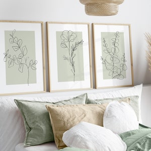 Sage Green Wall Art Prints, Botanical Line Art, Set of 3 Prints ...