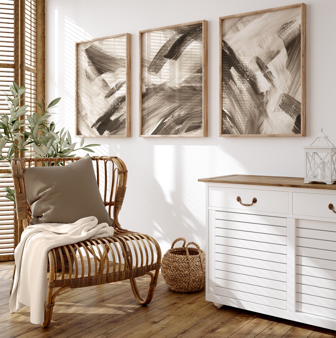 Neutral Abstract Wall Art Set of 3 Prints, Beige Brown Brush Strokes ...