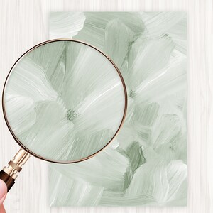 May include: Abstract painting with a green and white color scheme. The painting features brushstrokes in a variety of sizes and directions, creating a dynamic and textured effect.