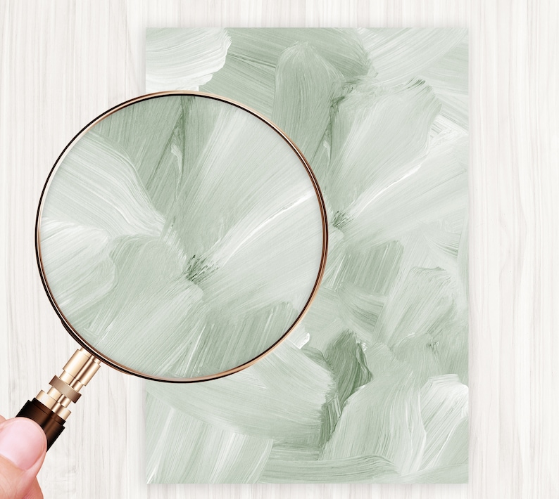 May include: Abstract painting with a green and white color scheme. The painting features brushstrokes in a variety of sizes and directions, creating a dynamic and textured effect.