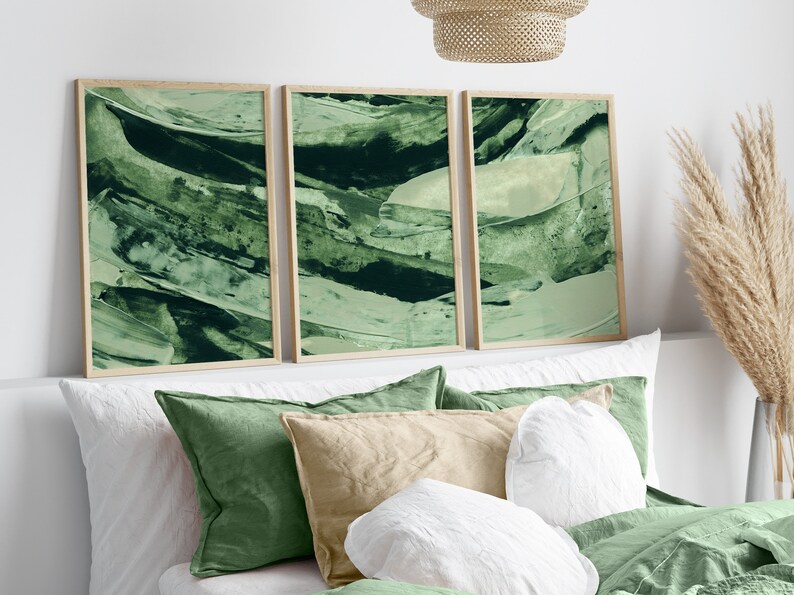 Abstract Green Wall Art Prints Green Brush Strokes Art Set Etsy