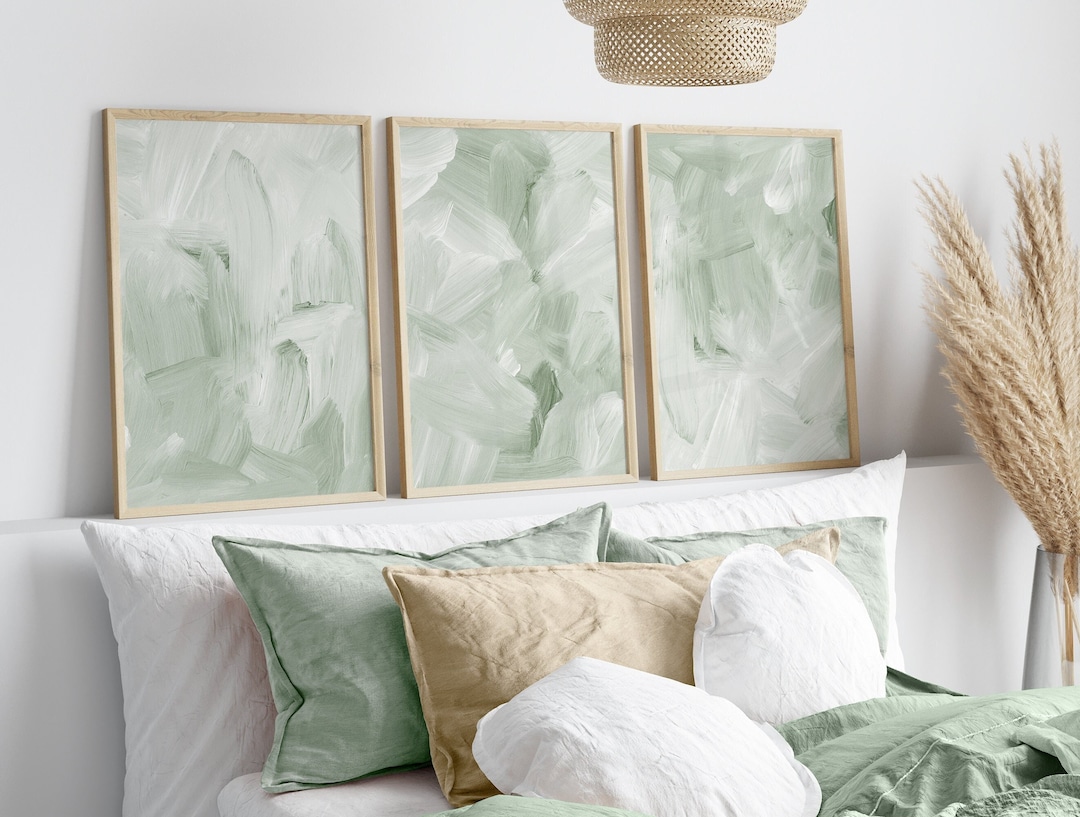 Set of 3 Sage Green Wall Art Prints, Abstract Green White Brush Strokes