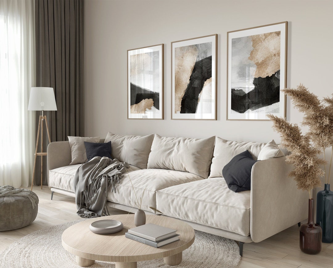 Minimalist Abstract Prints Set of 3, Beige Black Grey Brush Strokes Art ...