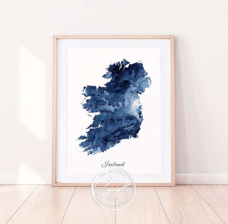 Ireland Map Print, Ireland Wall Art, Ireland Watercolor Blue, Ireland Map Watercolor Print, Home Office Decor, Travel, Modern, Printable Art image 1