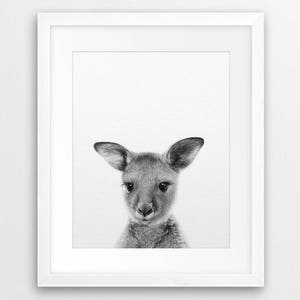 Impression de kangourou de bébé, art mignon de kangourou, art de mur de pépinière, animal australien, impressions animales noires et blanches, décor de pépinière, chambre d'enfants imprimable image 2