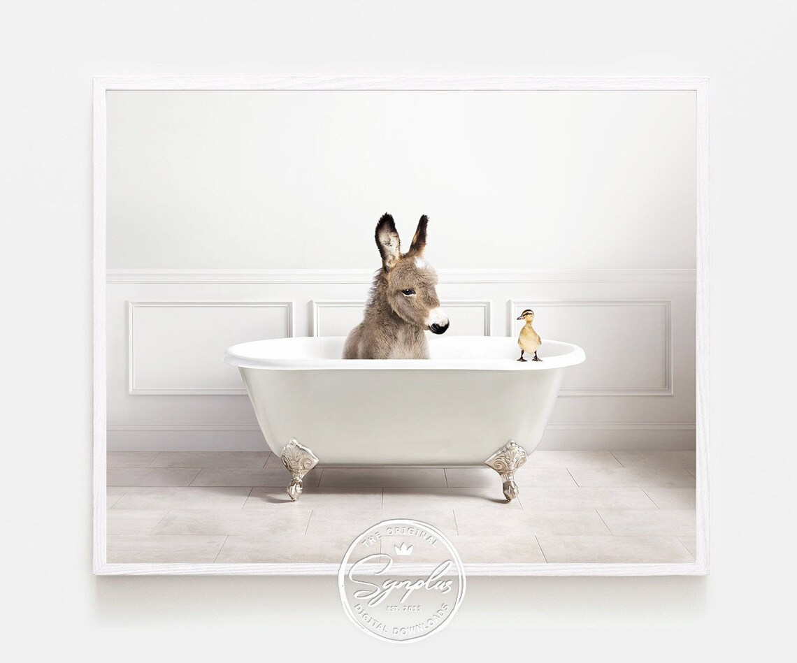 Baby Donkey in Bathtub Printable Art Donkey Bathing Whimsy Etsy