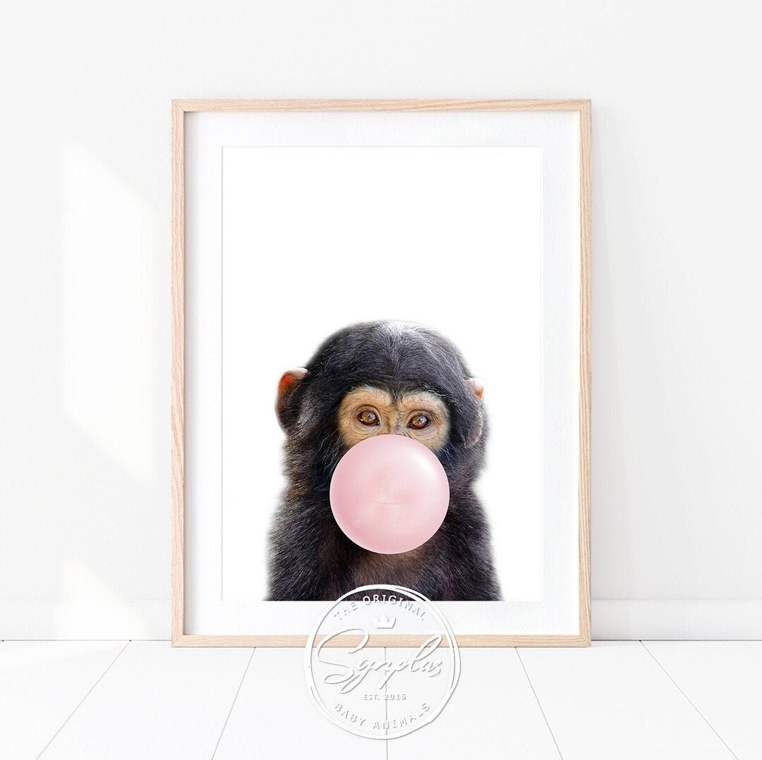 Baby Monkey With Bubble Gum, Monkey Blowing Bubble Gum, Safari Nursery