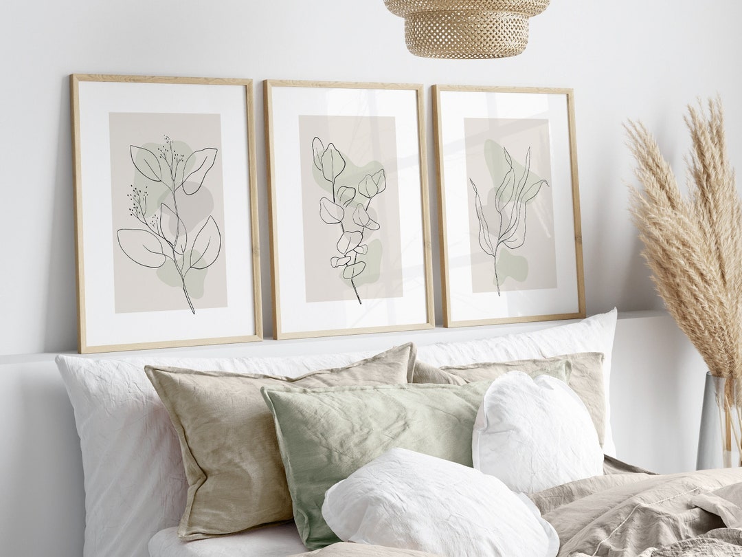 Beige & Sage Green Wall Art Prints, Botanical Line Art, Set of 3 Plant ...