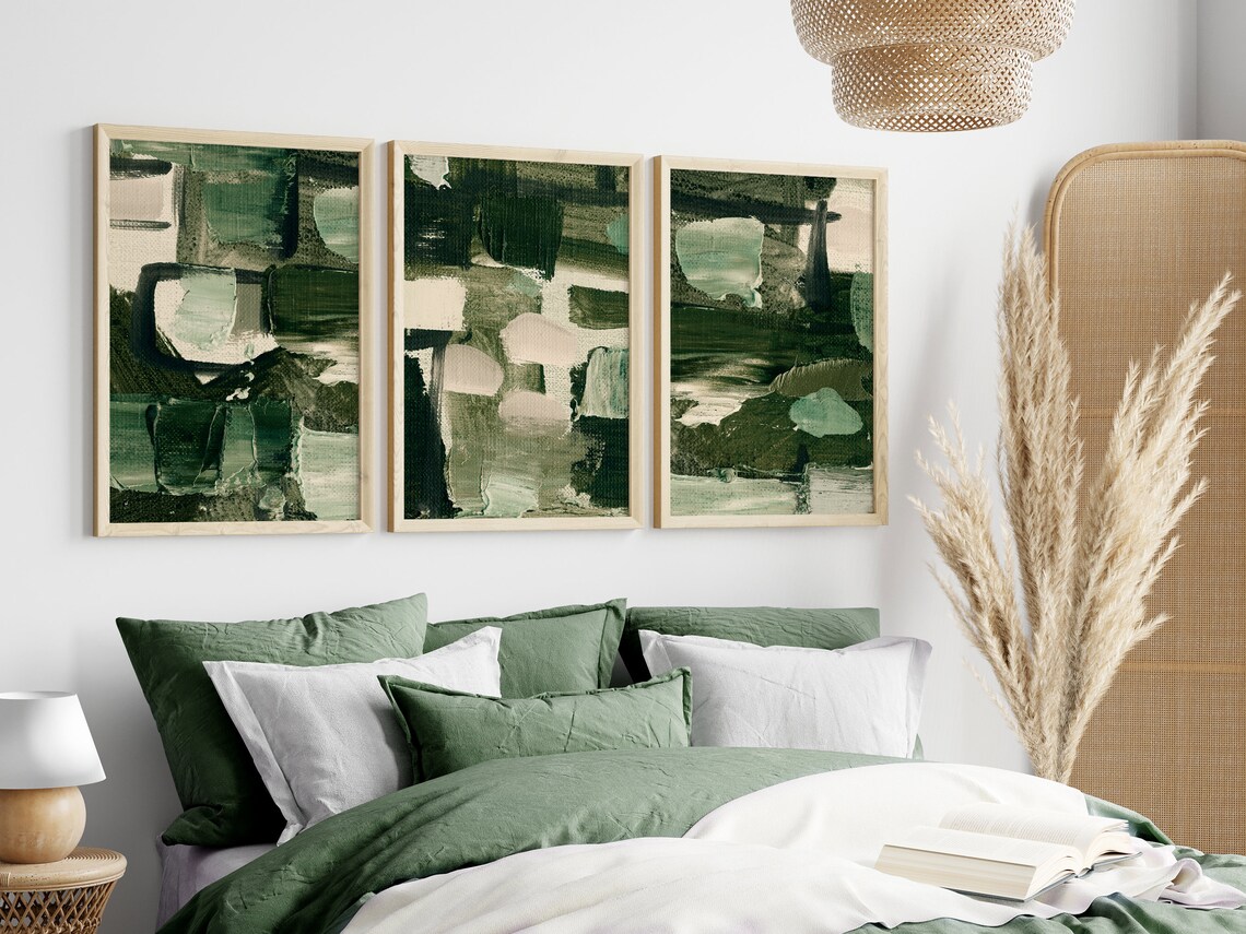 Abstract Sage Green Wall Art, Green Beige Brush Strokes Art Set of 3 ...