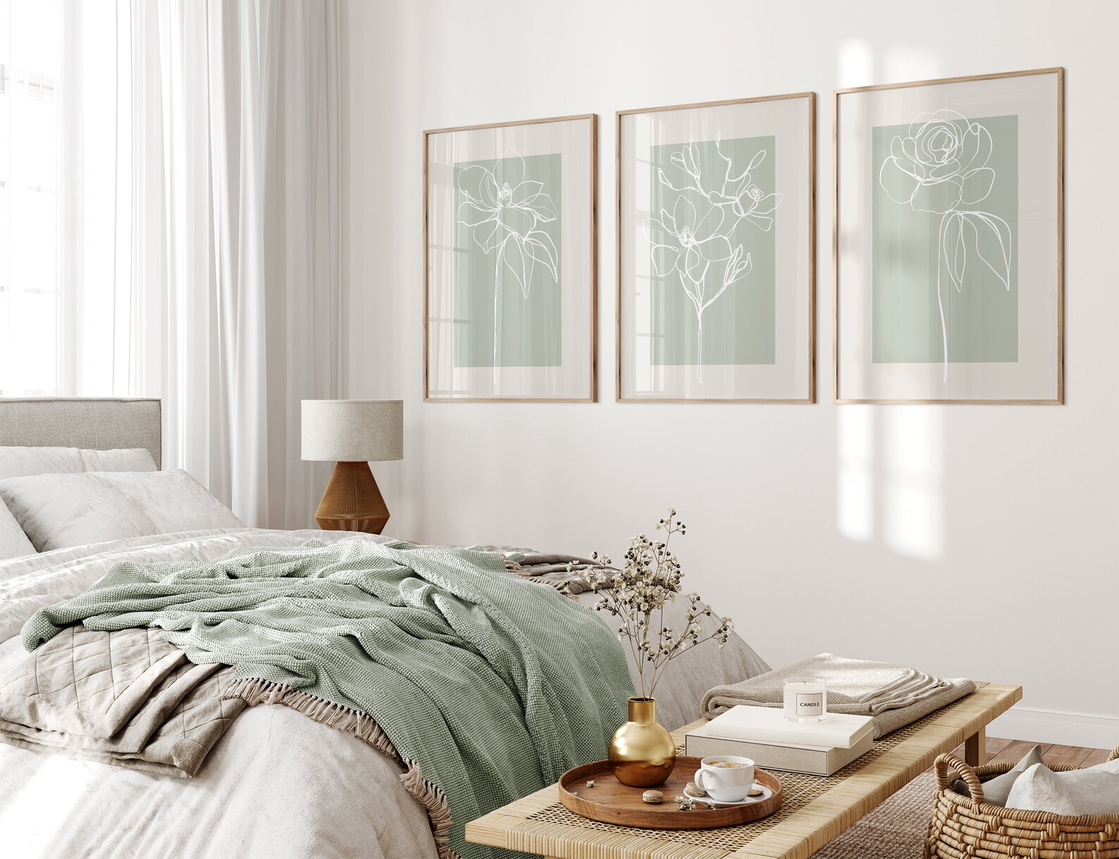 Sage Green Wall Art Prints, Botanical Line Art, Set of 3 Prints ...