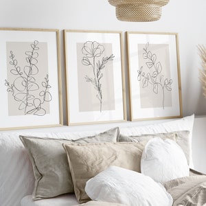 Neutral Wall Art Prints, Botanical Line Art, Set of 3 Beige Plant ...