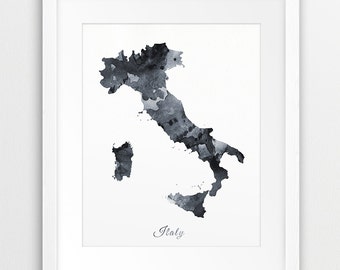 イタリア地図プリント、イタリア水彩グレー黒白、イタリア水彩プリント、イタリア地図ウォールアート、白黒装飾、デジタル印刷アート