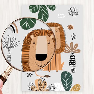 May include: A digital illustration of two lions with brown fur and black outlines on a light gray background. The lions are surrounded by green leaves, black and white palm trees, and other abstract shapes.