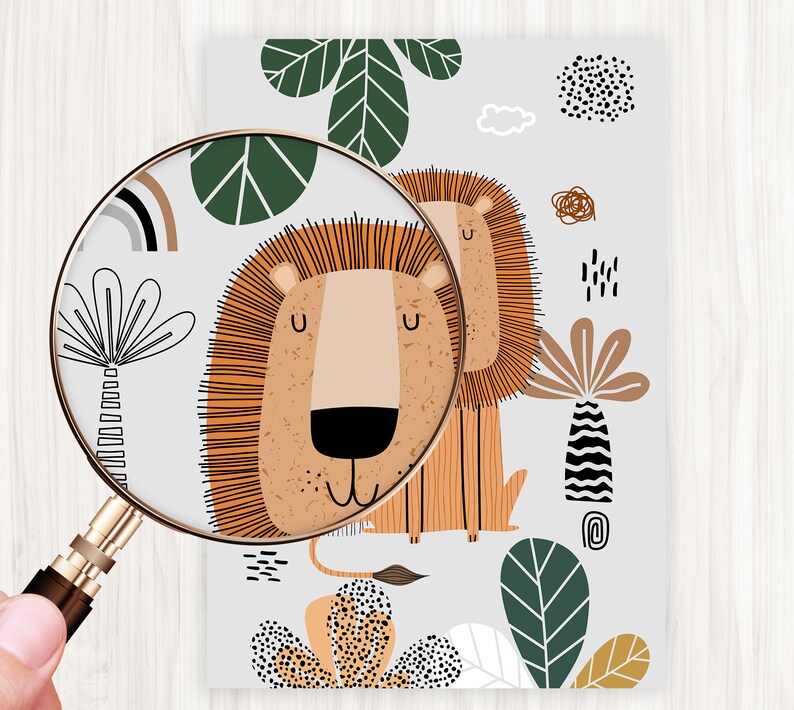 May include: A digital illustration of two lions with brown fur and black outlines on a light gray background. The lions are surrounded by green leaves, black and white palm trees, and other abstract shapes.