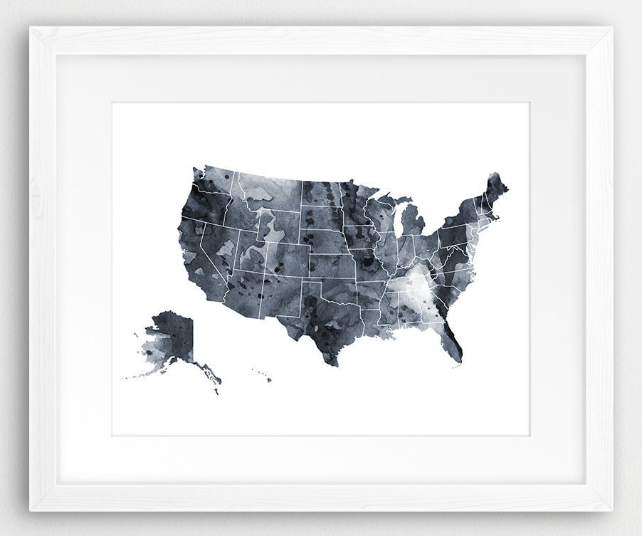 USA Map Print United States Poster Watercolor Grey Black and - Etsy