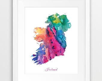 Ireland Map Print, Ireland Watercolor Map, Ireland Blue Green Orange Pink, Ireland Wall Art, Abstract, Travel, Home Office Decor, Printable