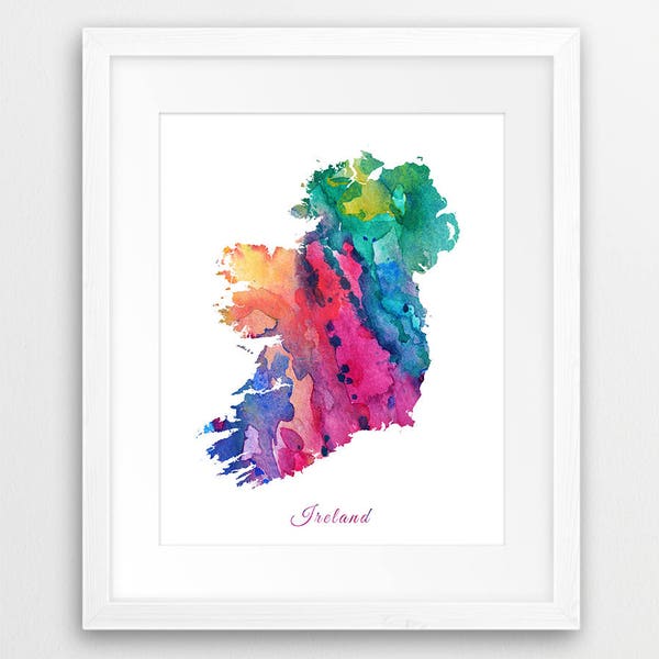 Ireland Map Print, Ireland Watercolor Map, Ireland Blue Green Orange Pink, Ireland Wall Art, Abstract, Travel, Home Office Decor, Printable