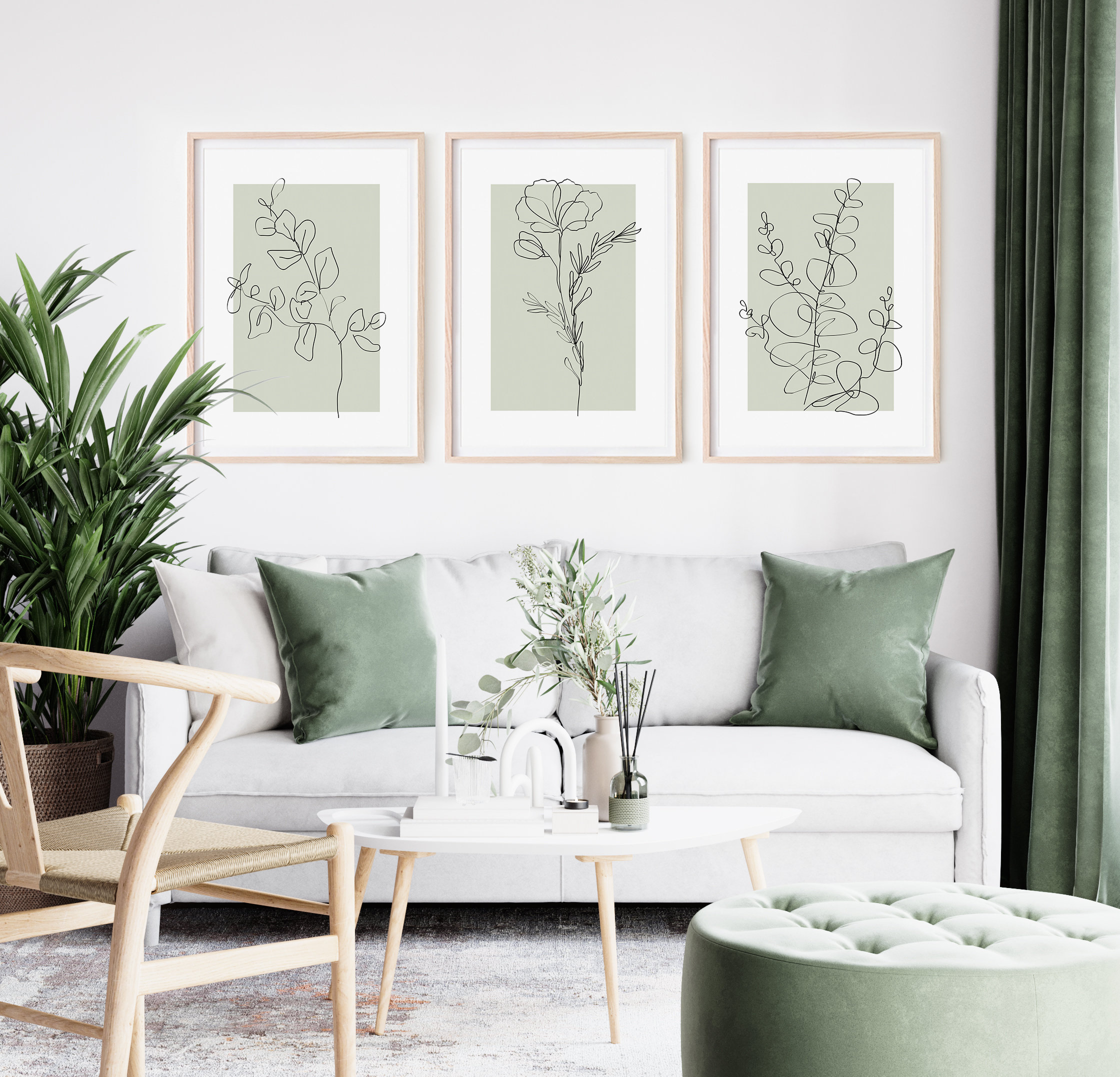 Sage Green Wall Art Prints, Botanical Line Art, Set of 3 Prints ...