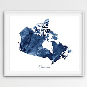 May include: A watercolor painting of Canada in shades of blue. The map is outlined in white and the word "Canada" is written in white below the map.