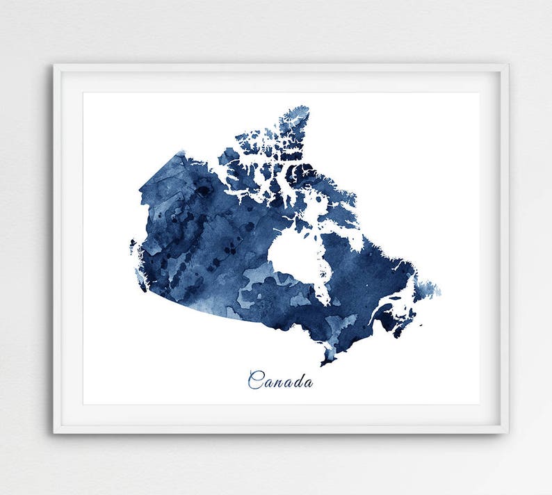 May include: A watercolor painting of Canada in shades of blue. The map is outlined in white and the word "Canada" is written in white below the map.