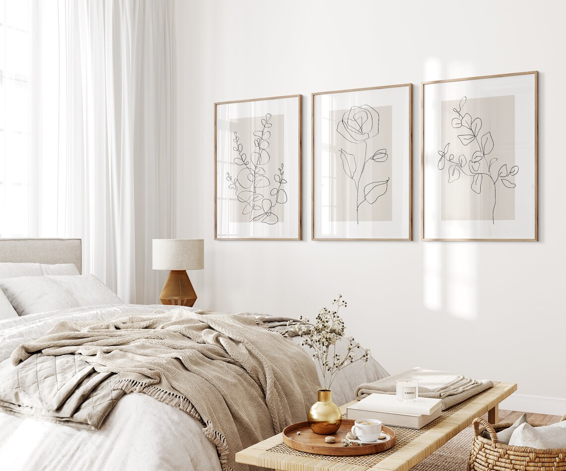 Neutral Wall Art Prints Botanical Line Art Set of 3 Beige Etsy
