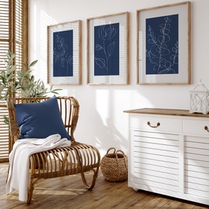 Navy Blue Wall Art Prints, Botanical Line Art, Set of 3 Blue Plant ...
