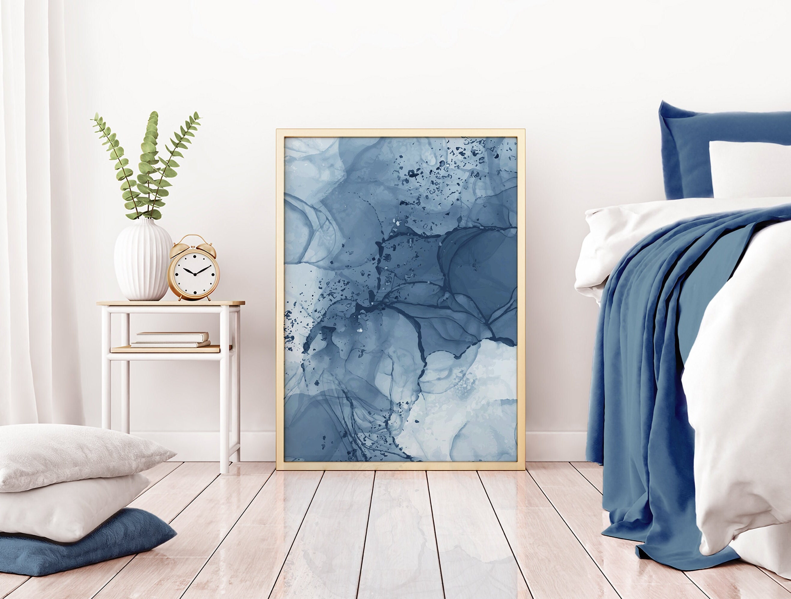 Blue Wall Art Prints Abstract Set of 3 Prints Marble Wall Etsy
