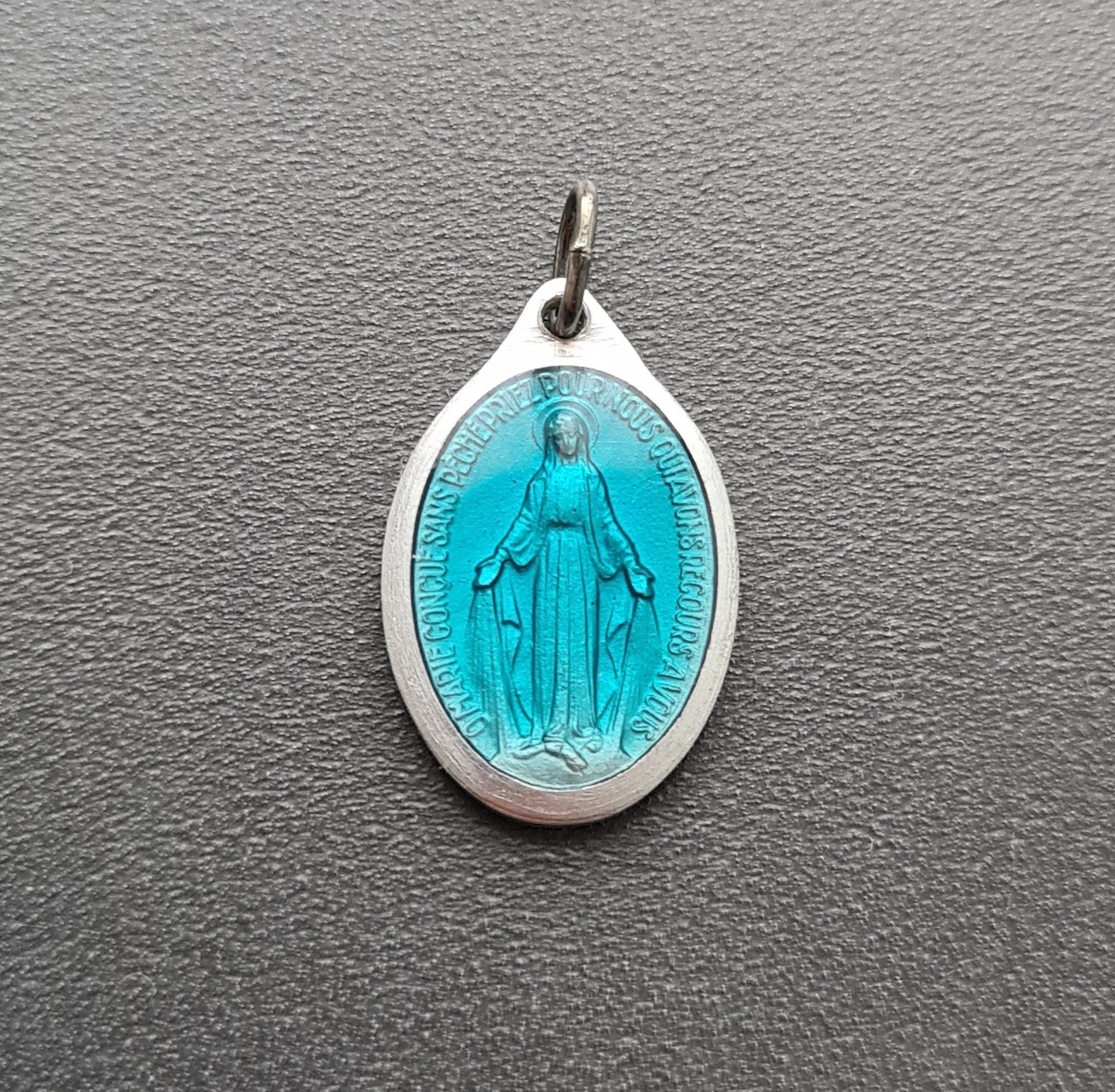 Collier de Médailles Miraculeuses Bleues, Charme Religieux Turquoise