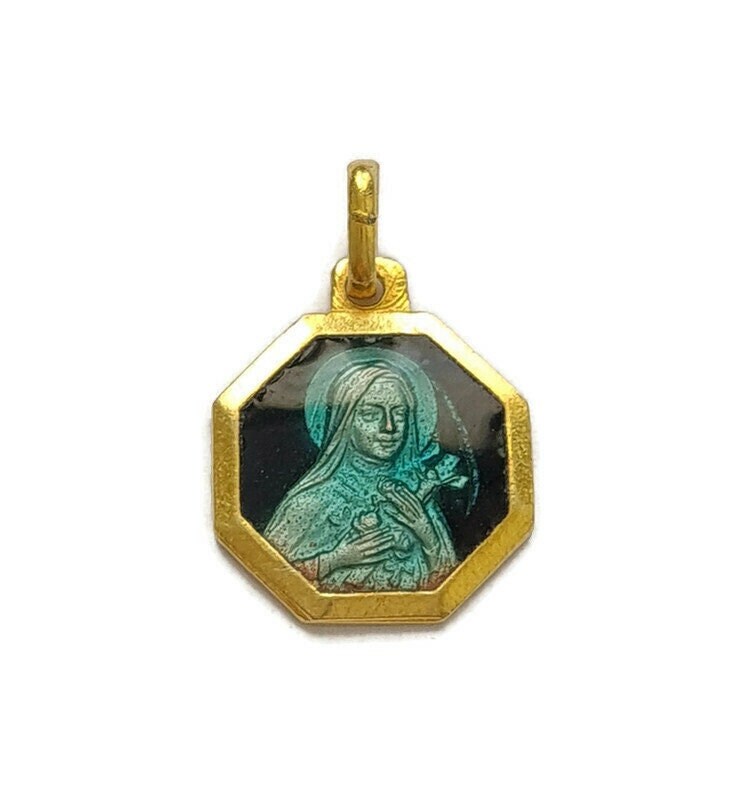 Pendentif de Médaille d'émail Bleu Vintage St Therese Lisieux