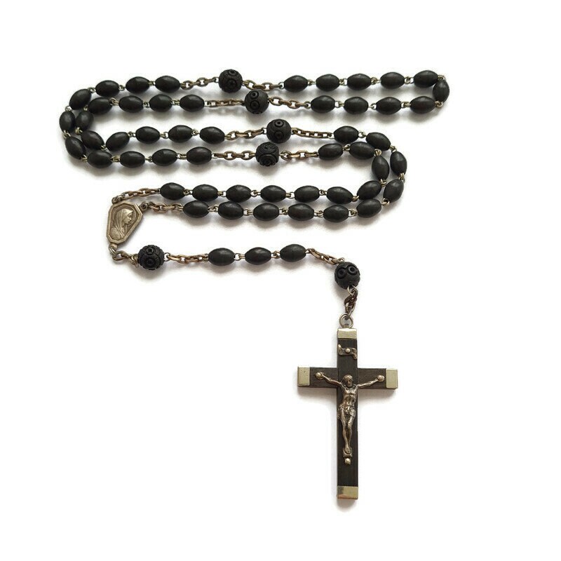 Vintage Français Chapelet en Bois, Perles de Prière, Bijoux Chrétiens, Chaplet Vintage