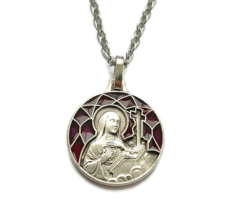 Collier de Médaille en Émail St Rita, Effet Vitrail Par Tschudin