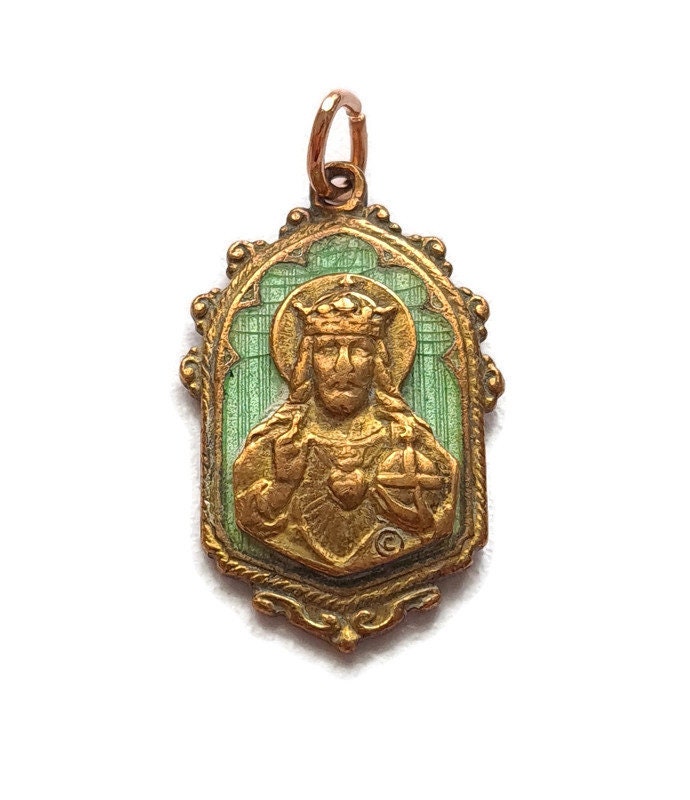 Médaille Jésus et Notre-Dame Du Perpétuel Secours, Cuivre Émail Vert