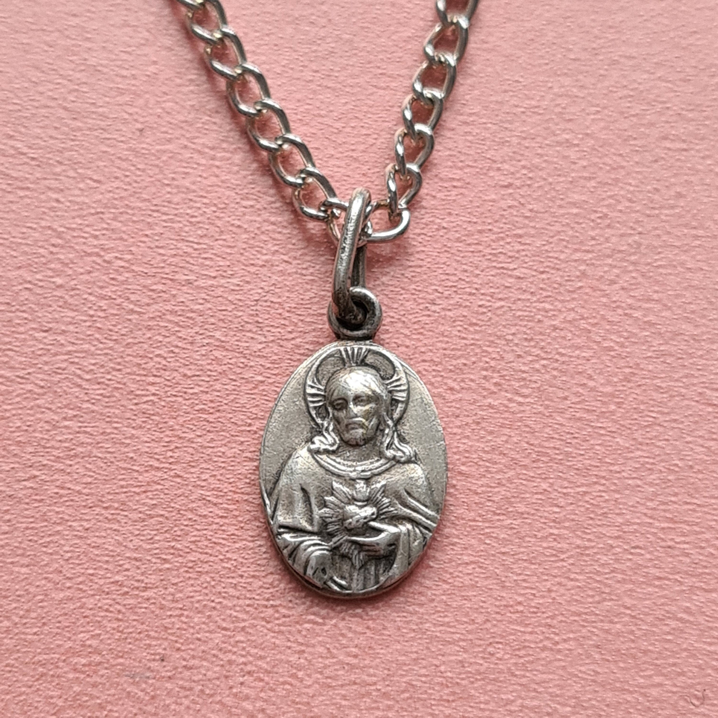 Petit Collier de Médailles Scapulaires Vintage, Sacré Cœur Jésus et Dame Du Mont Carmel