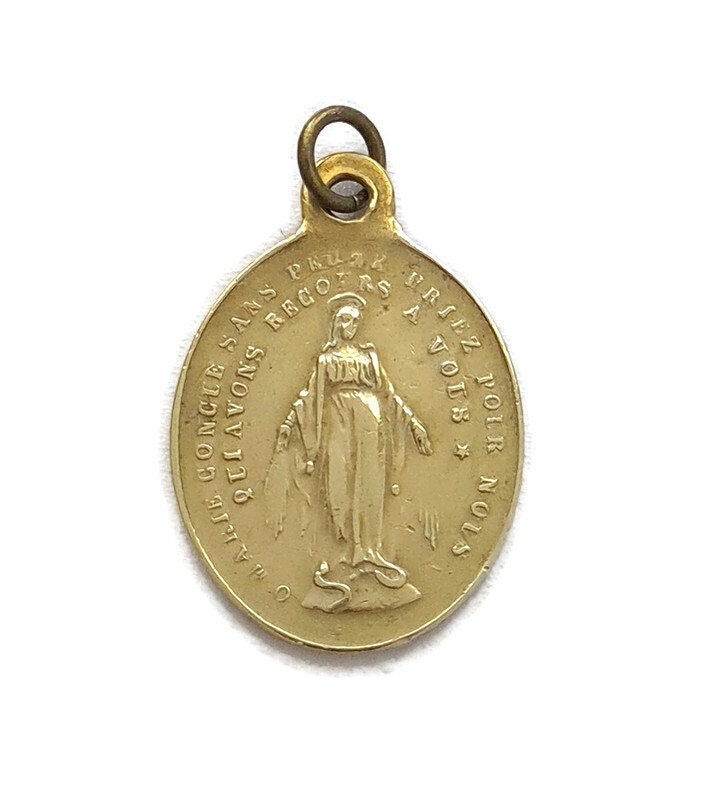 Pendentif Antique Français en Laiton Médaille Miraculeuse, Collier de Charme Du Chapelet Miraculeux
