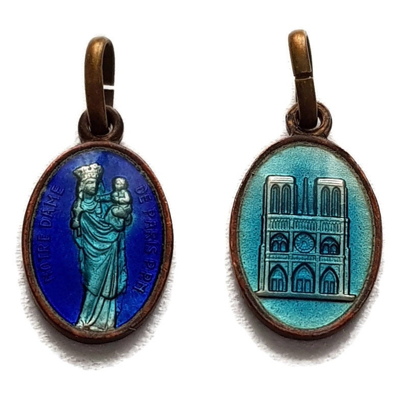 Médaille Notre-Dame de Paris Vintage Français, Émail Bleu Charme Chrétien