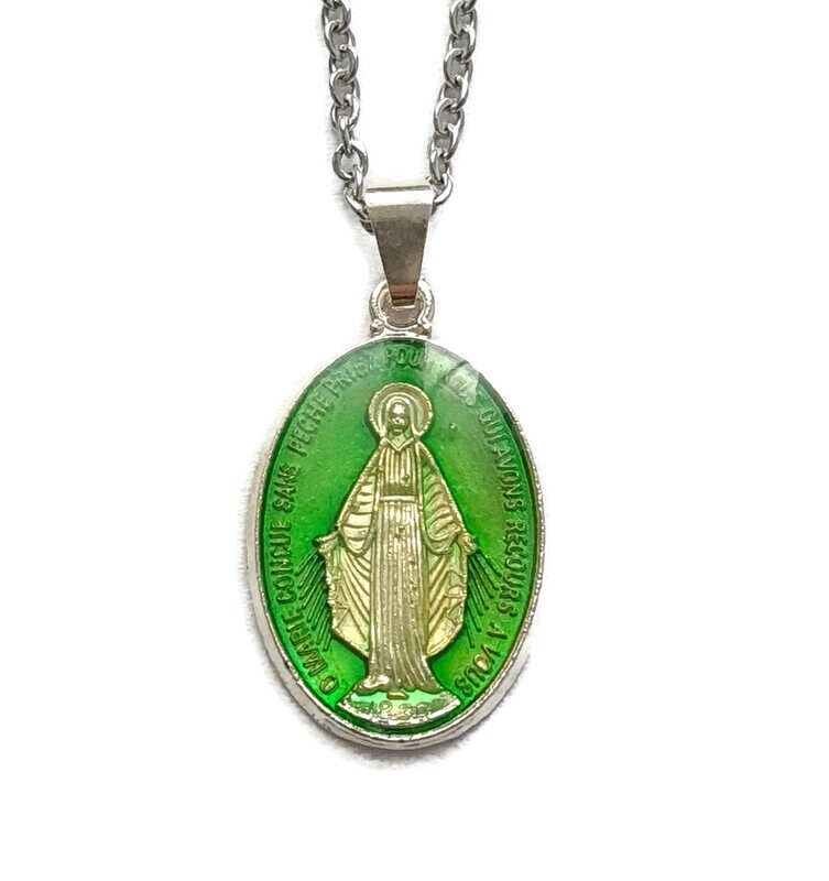 Collier Médaille Miraculeuse en Émail Vert, Charme de La Sainte Vierge Marie