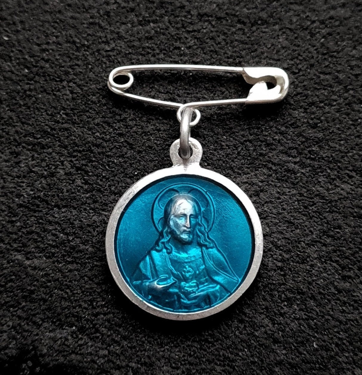 Broche de Médaille Scapulaire Bleue, Épinglette Jésus et Dame Du Mont Carmel