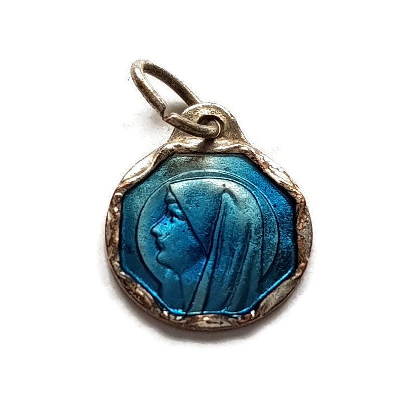 Pendentif Médaille Bleu Vierge Sainte-Marie, Notre-Dame de Lourdes Charme, Émail Bleu