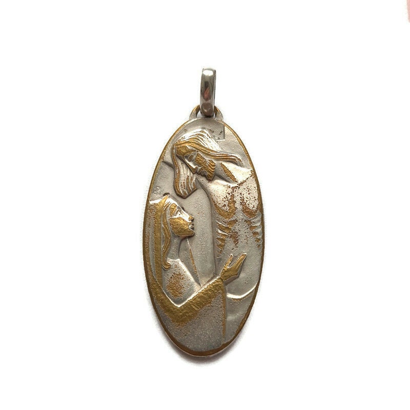Grande Médaille de Bronze Vintage Philippe Chambault, Pendentif Moderniste, Bijoux Chrétiens Françai