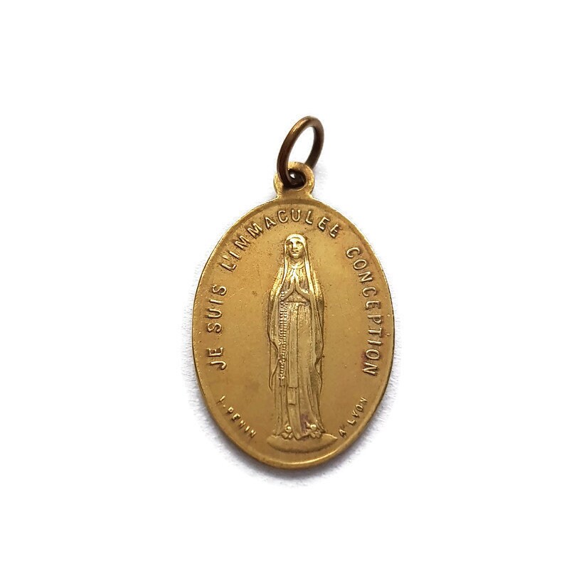 Pendentif Antique de Médaille en Laiton Notre-Dame Lourdes, Charme Sainte Vierge Marie Par Penin