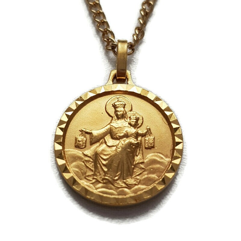 Collier de Médaille Scapulaire, Coeur Sacré Jésus et Dame Du Mont Carmel, Ton d'or