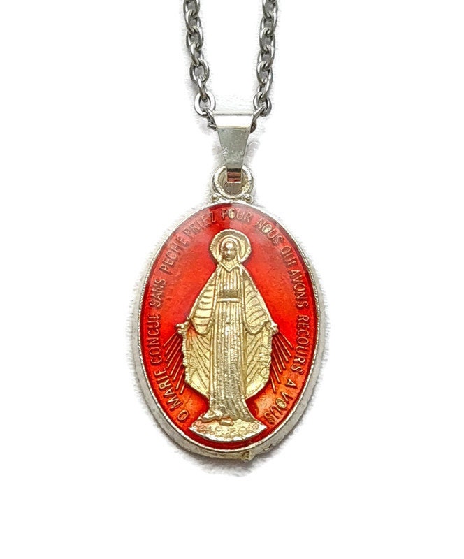 Collier Médaille Miraculeuse en Émail Rouge, Charme de La Sainte Vierge Marie