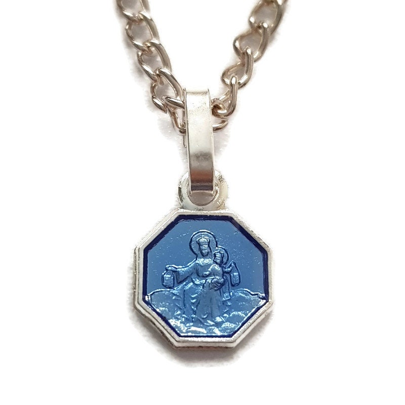 Minuscule Médaille d'émail Bleu Scapulaire, Jésus et Dame Du Mont Carmel