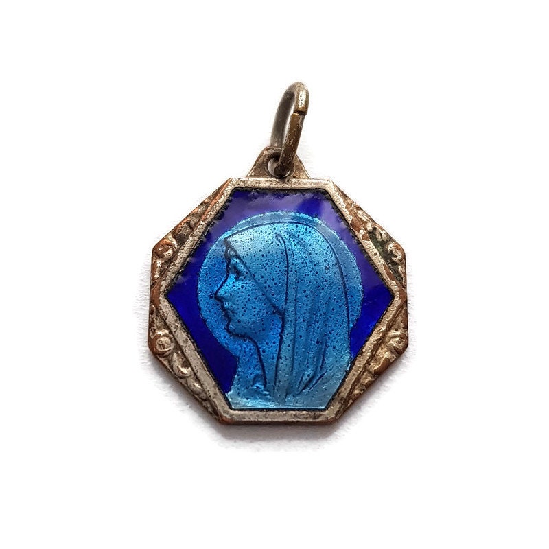 Pendentif en Émail Bleu de La Médaille Sainte Vierge Marie, Charme Art Déco Lourdes