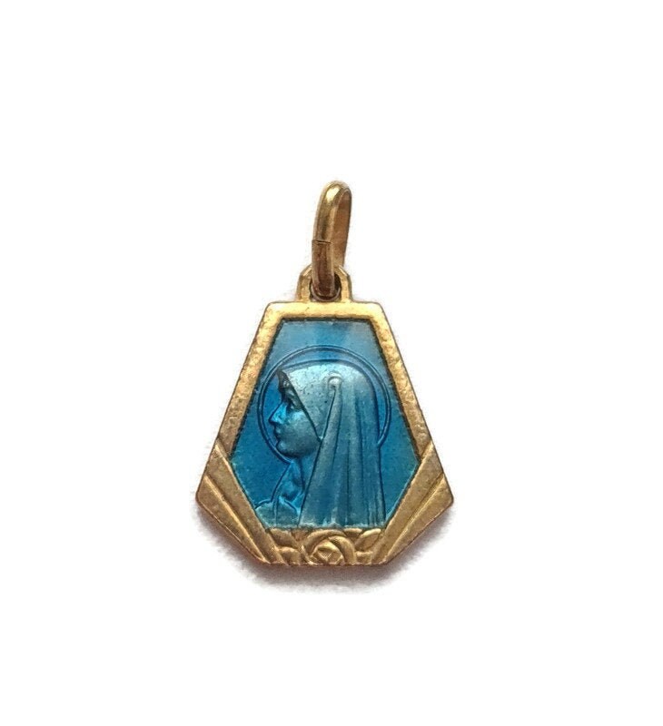 Vintage Art Déco Holy Virgin Mary Medal, Blue Émail Charme Religieux