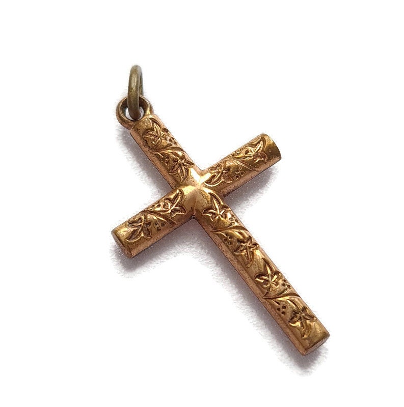Pendentif en Croix Gravé Laiton Vintage Français, Pendentif Chrétienne