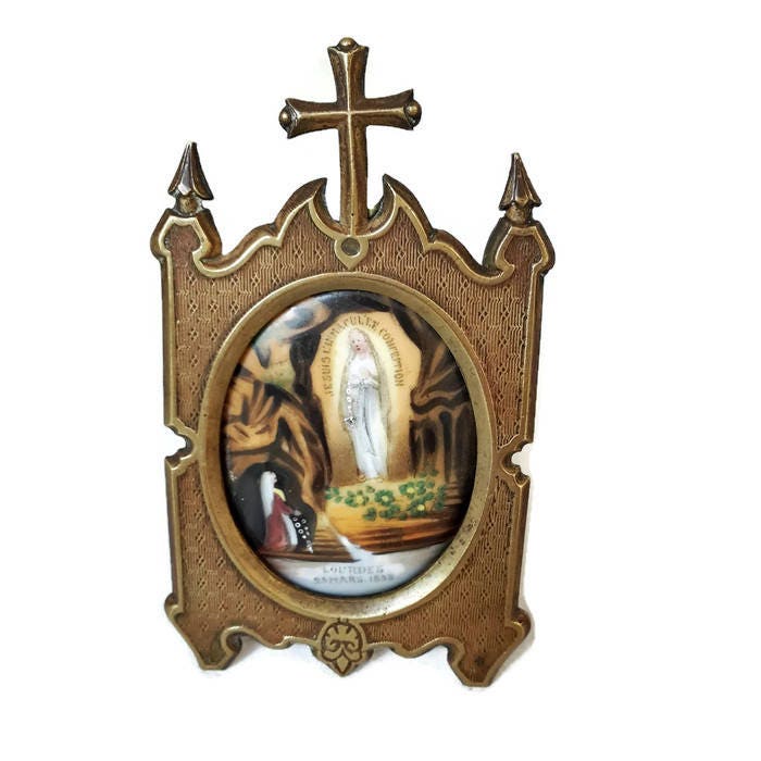 Autel Personnel Antique Français Lourdes, Sanctuaire Religieux avec Médaillon en Porcelaine de Cadre