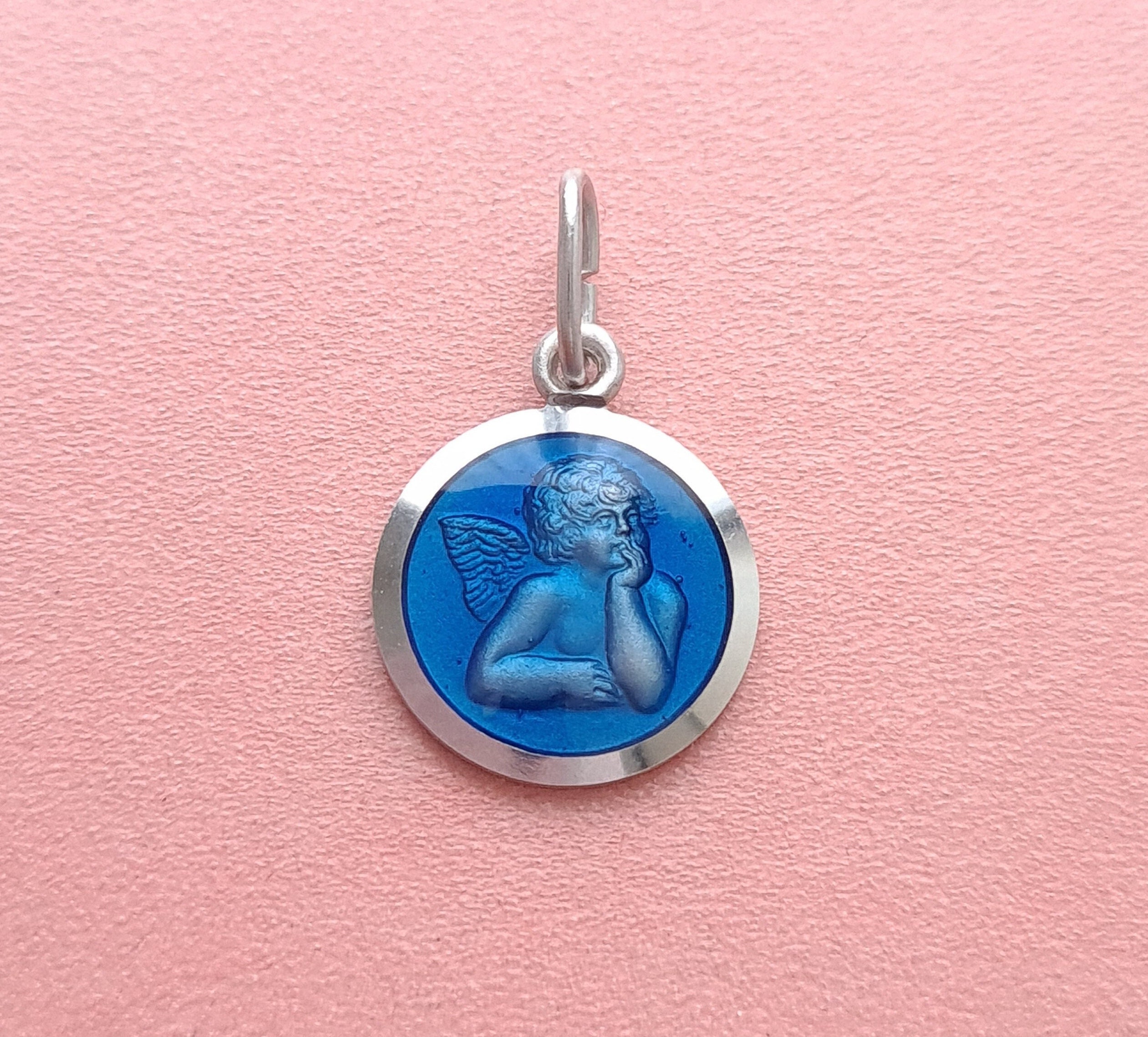 Collier Pendentif Bleu de Médaille d'ange Raphaël, Charme Gardien Cherub, Émail d'ange